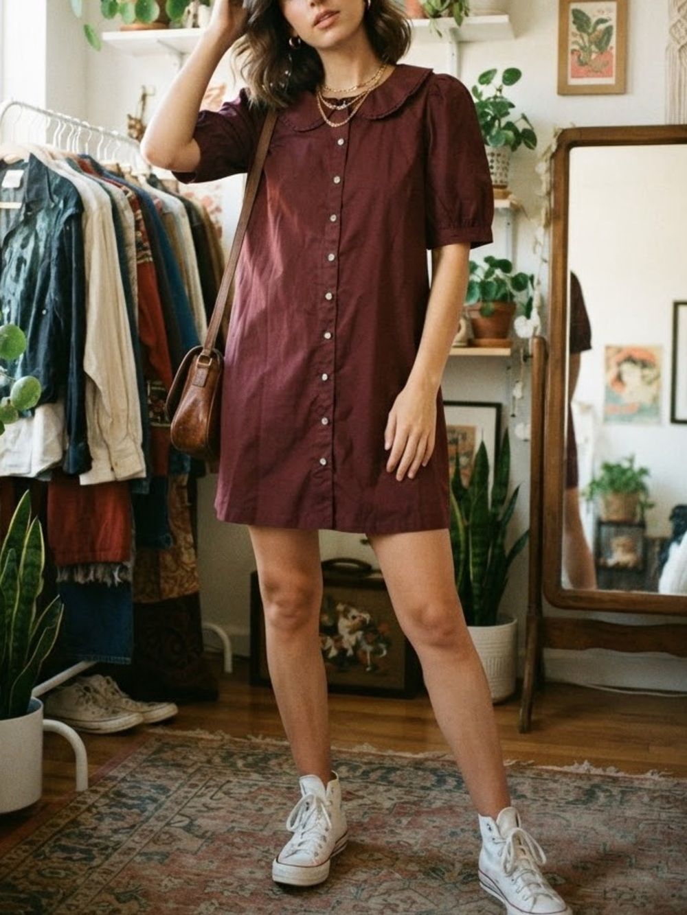 Gorgeous GB Ruffled Peter Pan Collar Puff Sleeve Button-Up Midi Dress